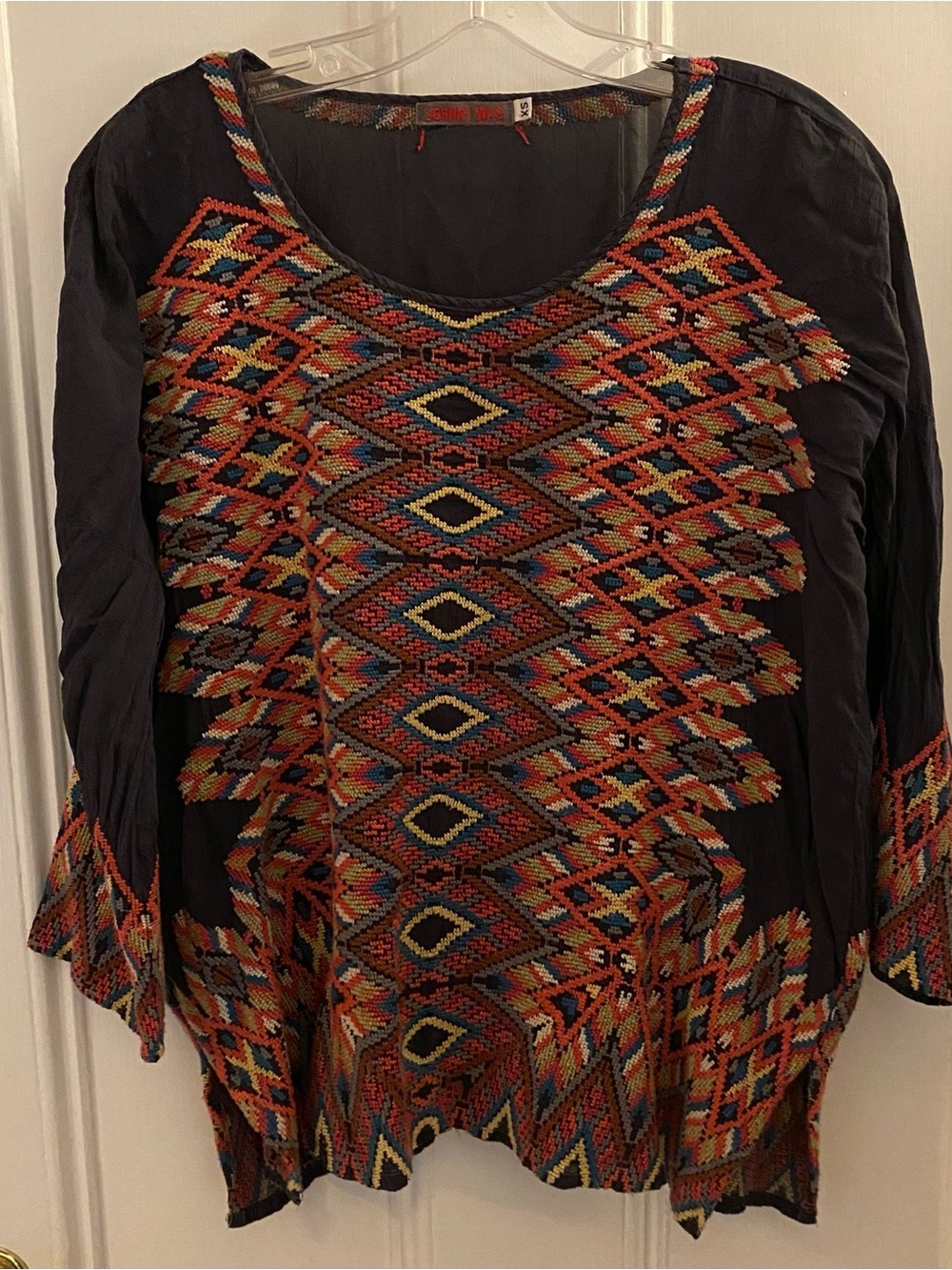 JOHNNY WAS Tunic Womens XS Top Moni charcoal tapestry embroidered Boho Designer